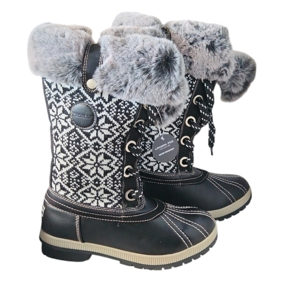 London Fog NWT Black and Gray Snowflake Winter Boots